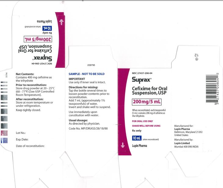 SUPRAX CEFIXIME FOR ORAL SUSPENSION USP
200 mg/5 mL
Rx only
NDC 27437-206-04: Carton for 10 mL [Physician Sample Pack]