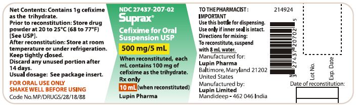 SUPRAX CEFIXIME FOR ORAL SUSPENSION USP
500 mg/5 mL
Rx only
NDC 27437-207-02: Bottle of 10 mL