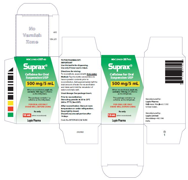 SUPRAX CEFIXIME FOR ORAL SUSPENSION USP
500 mg/5 mL
Rx only
NDC 27437-207-02: Bottle of 10 mL