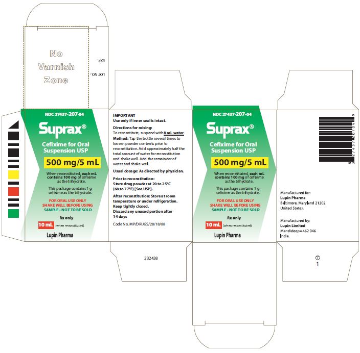 SUPRAX CEFIXIME FOR ORAL SUSPENSION USP
500 mg/5 mL
Rx only
NDC 27437-207-04: Carton for 10 mL [Physician Sample Pack]