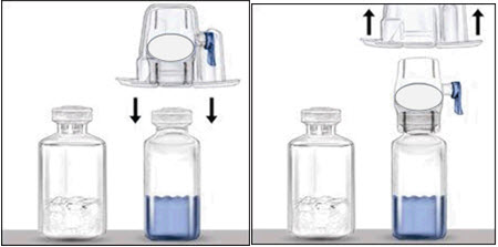 Place the Baxject II device over the diluent vial, inserting the clear plastic spike into the center of the vial, removing the package without touching the white plastic spike.