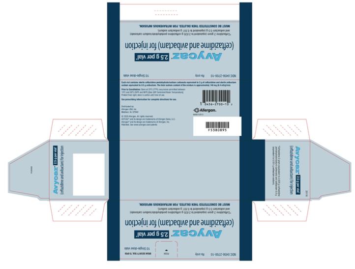 Principal Display Panel -
NDC 0456-2700-10    Rx only	10 Single-dose vials
Avycaz® 2.5 g per vial* 
(ceftazidime and avibactam) for injection 
*Ceftazidime 2 gram (equivalent to 2.635 g ceftazidime pentahydrate/sodium carbonate) 
  and avibactam 0.5 g (equivalent to 0.551 g avibactam sodium). 
MUST BE CONSTITUTED THEN DILUTED. FOR INTRAVENOUS INFUSION.
