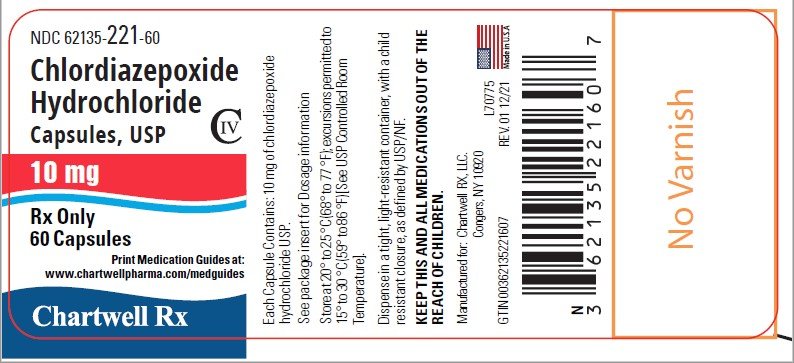 Chlordiazepoxide Hydrochloride 10mg - NDC 62135-221-60 - 60 Capsules Label