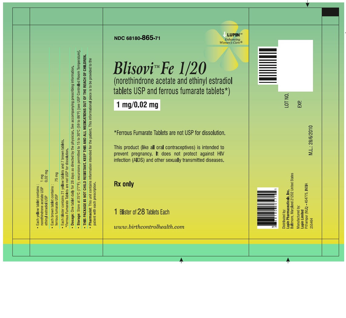 Blisovi Fe 1/20
(norethindrone acetate and ethinyl estradiol tablets USP and ferrous fumarate tablets*)
1 mg/0.02 mg
NDC: 68180-865-11
Pouch Pack: 1 Wallet of 28 Tablets Each