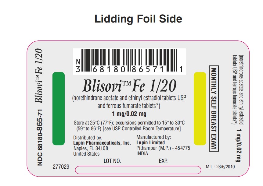 Blisovi Fe 1/20
(norethindrone acetate and ethinyl estradiol tablets USP and ferrous fumarate tablets*)
1 mg/0.02 mg
NDC: 68180-865-11
Wallet Pack: 28 Tablets