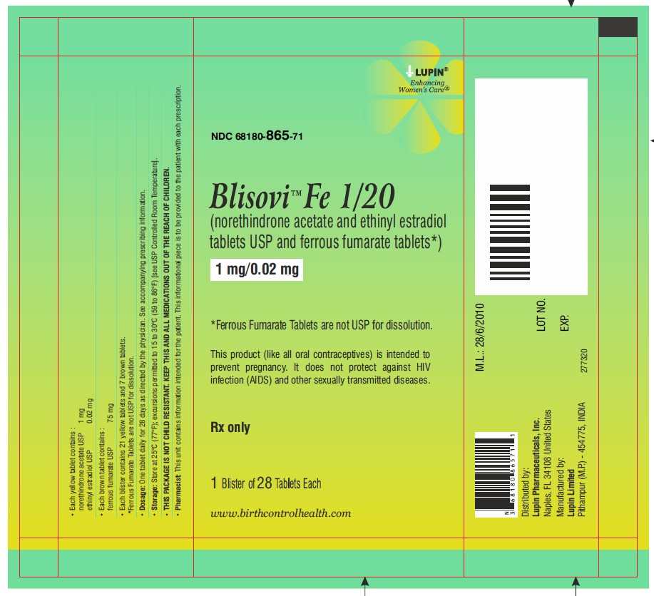 Blisovi Fe 1/20
(norethindrone acetate and ethinyl estradiol tablets USP and ferrous fumarate tablets*)
1 mg/0.02 mg
NDC: 68180-865-11
Pouch Pack: 1 Wallet of 28 Tablets Each
