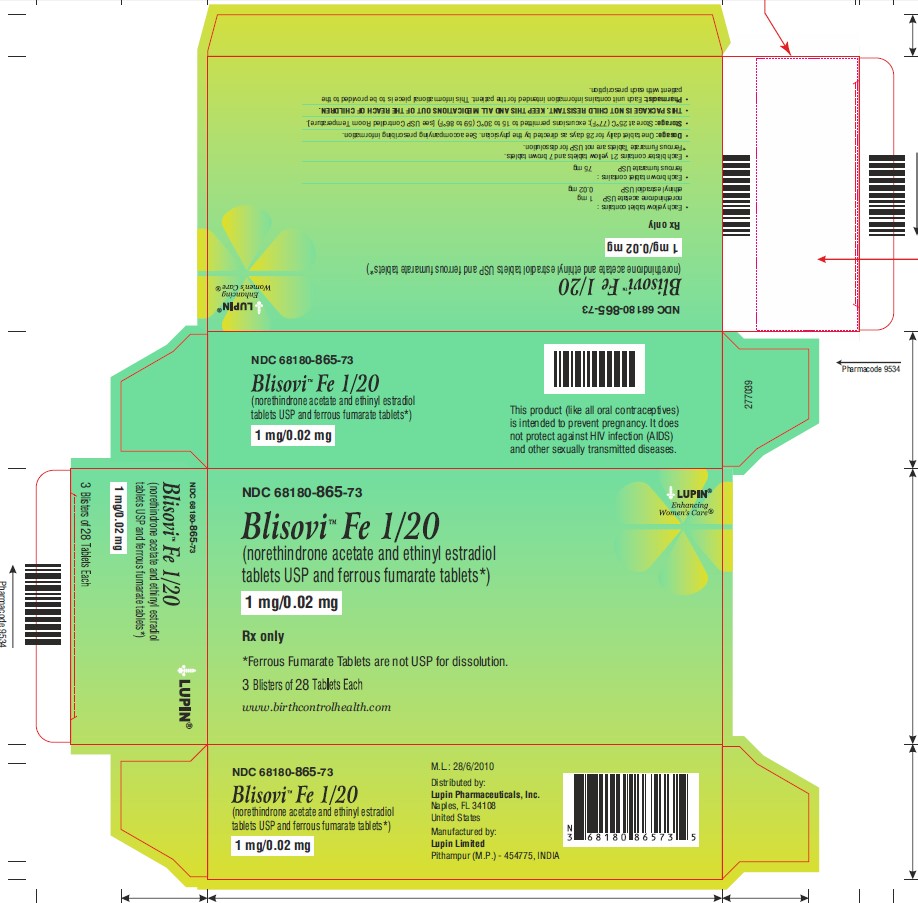 Blisovi Fe 1/20
(norethindrone acetate and ethinyl estradiol tablets USP and ferrous fumarate tablets*)
1 mg/0.02 mg
NDC: 68180-865-13
Carton: 3 Wallet of 28 Tablets Each