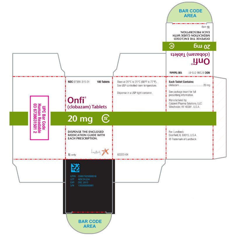 NDC 67386-315-01 100 Tablets Onfi® (clobazam) Tablets 20 mg C-IV DISPENSE THE ENCLOSED MEDICATION GUIDE WITH EACH PRESCRIPTION. Rx only