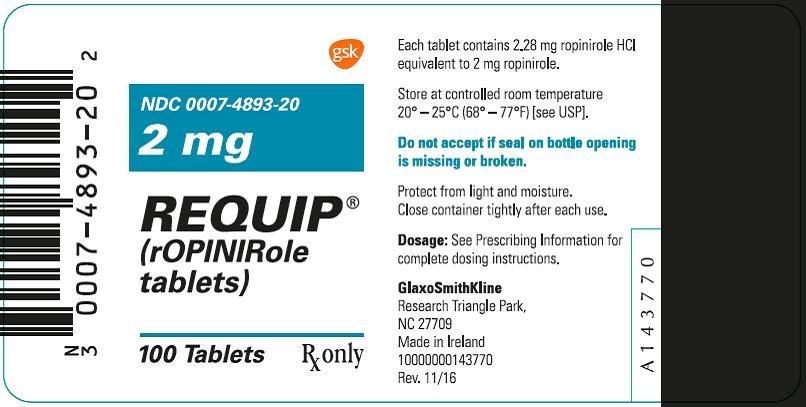 Requip 2 mg 100 count label