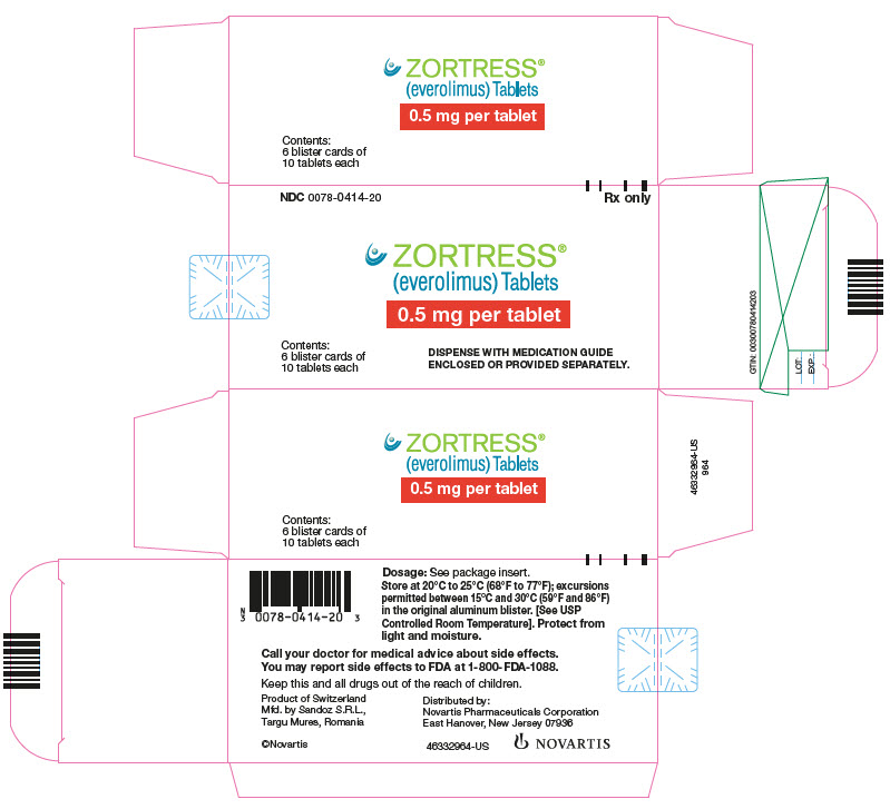 PRINCIPAL DISPLAY PANEL
								NDC 0078-0414-20
								Rx only
								ZORTRESS®
								(everolimus) Tablets
								0.5 mg per tablet
								Contents: 6 blister cards of 10 tablets each
								DISPENSE WITH MEDICATION GUIDE ENCLOSED OR PROVIDED SEPARATELY.
								NOVARTIS
							