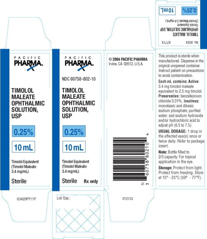 PRINCIPAL DISPLAY PANEL
NDC 60758-801-10
TIMOLOL
MALEATE
OPHTHALMIC
SOLUTION,
USP
0.5%
10 mL
Timolol Equivalent 
(Timolol Maleate
6.8 mg/mL)
Sterile    Rx only
