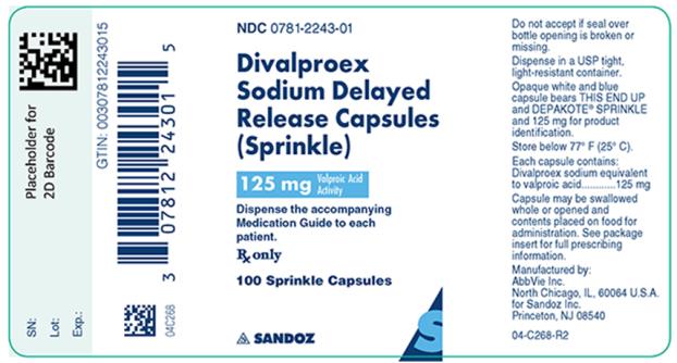 NDC 0781-2243-01 
Divalproex Sodium Delayed Release Capsules (Sprinkle) 
125 mg Valproic Acid Activity 
Dispense the accompanying Medication Guide to each patient. 
Rx only 
100 Sprinkle Capsules 
SANDOZ 
