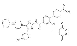 The structural formula for  DOPTELET is avatrombopag maleate, a thrombopoietin receptor agonist.  The chemical name of avatrombopag maleate is 4-piperidinecarboxylic acid, 1-[3-chloro-5-[[[4-(4-chloro-2-thienyl)-5-(4-cyclohexyl-1-piperazinyl)-2-thiazolyl]amino]carbonyl]-2-pyridinyl]-, (2Z)-2-butenedioate (1:1). It has the molecular formula C29H34Cl2N6O3S2 · C4H4O4. The molecular weight is 765.73.
