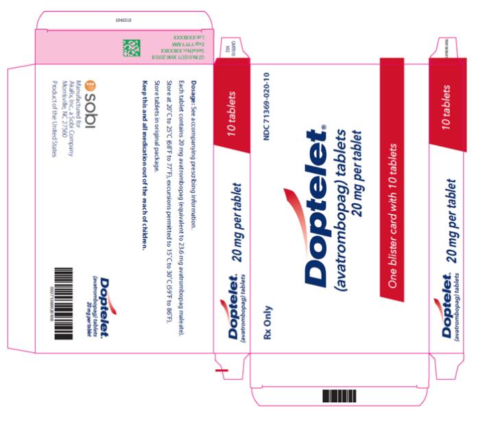 NDC 71369-020-10
20 mg per tablet
Rx Only
Doptelet
one blister card with 10 tablets
