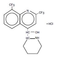 The following structural formula of Mefloquine hydrochloride is a 4-quinolinemethanol derivative with the specific chemical name of (R*, S*)-(±)-α-2-piperidinyl-2, 8-bis(trifluoromethyl)-4-quinolinemethanol hydrochloride. It is a 2-aryl substituted chemical structural analog of quinine. The drug is a white to almost white crystalline compound, slightly soluble in water.


