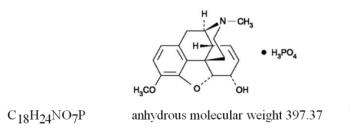 The following structural formula for Codeine phosphate (7,8-Didehydro-4,5α-epoxy-3-methoxy-17-methylmorphinan-6α-ol phosphate (1:1) (salt) hemihydrate) is an opioid agonist. 