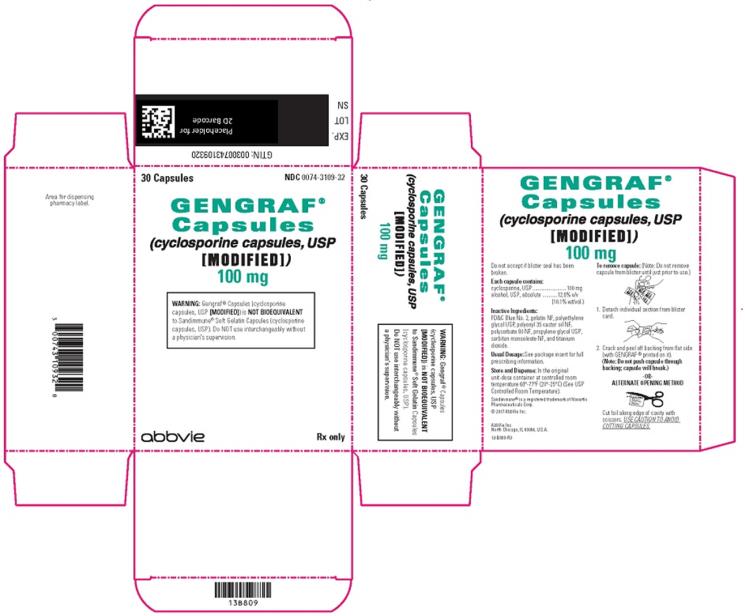 NDC 0074–3109–32 
30 Capsules 
GENGRAF®
Capsules 
(cyclosporine capsules, USP 
[MODIFIED]) 
100 mg 
WARNING: Gengraf®Capsules (cyclosporine capsules, USP [MODIFIED]) is NOT BIOEQUIVALENT to Sandimmune® Soft Gelatin Capsules (cyclosporine capsules, USP). Do NOT use interchangeably without a physician’s supervision. 
abbvie Rx only 

