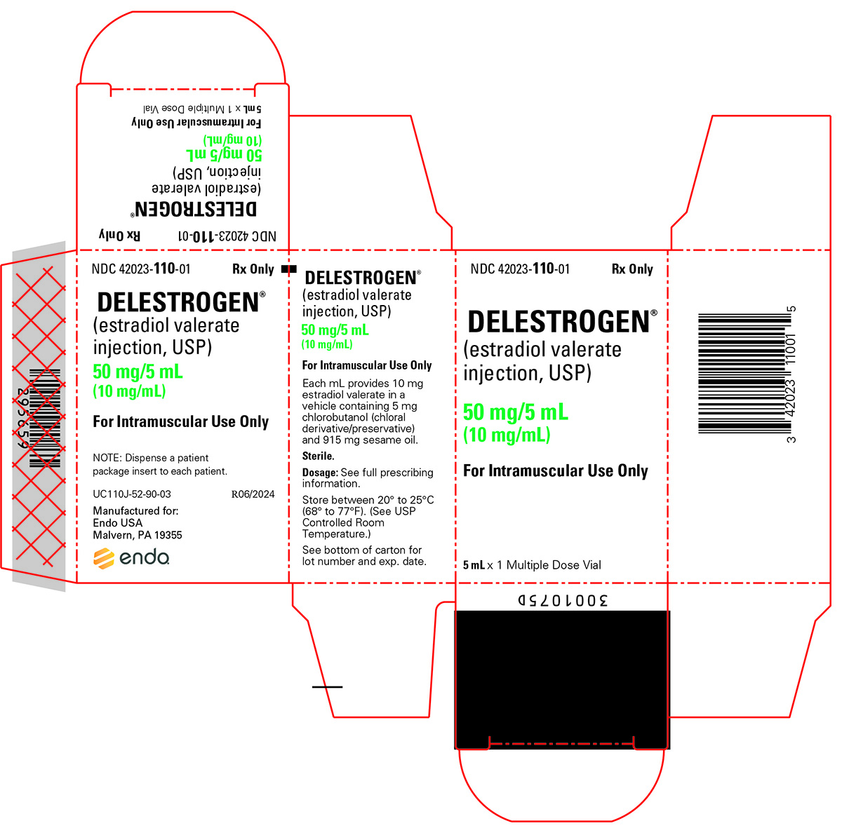 This is an image of Delestrogen® (estradiol valerate injection, USP) 50 mg/5 mL (10 mg/mL).