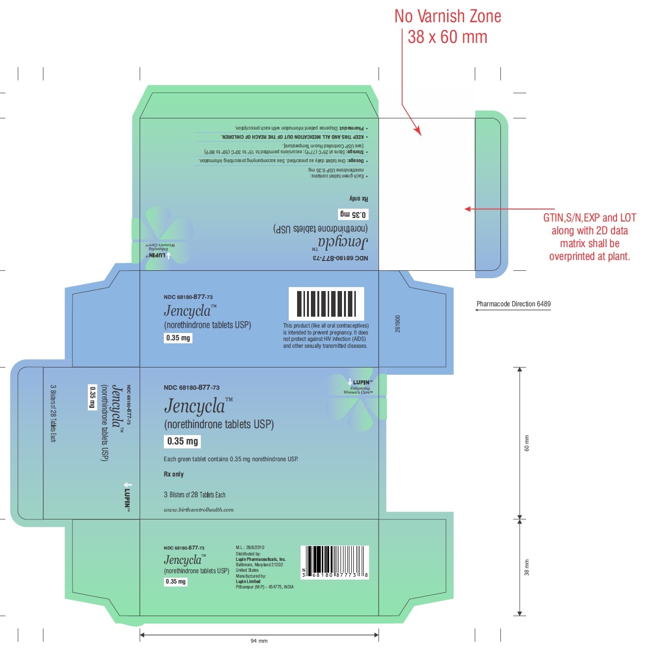 Jencycla
(norethindrone tablets USP)
0.35 mg
28 Day Regimen
Carton Pack:
NDC: 68180-877-13
3 Wallets of 28 Tablets Each