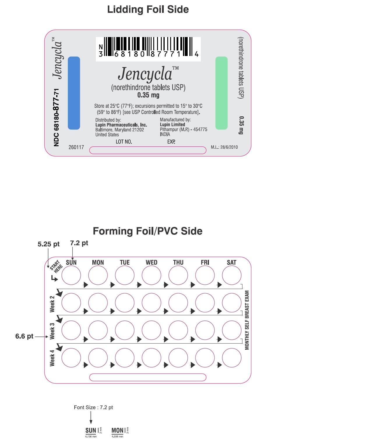 Jencycla
(norethindrone tablets USP)
0.35 mg
28 Day Regimen
Wallet Pack:
NDC: 68180-877-11
1 Wallet of 28 Tablets