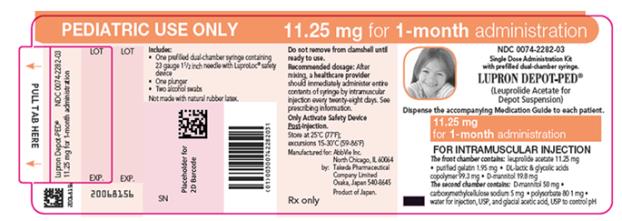 NDC 0074-2282-03 
PEDIATRIC USE ONLY 11.25 mg for 1-month administration 
Single Dose Administration Kit with prefilled dual-chamber syringe. 
LUPRON DEPOT-PED®
(Leuprolide Acetate for Depot Suspension) 
Dispense the accompanying Medication Guide to each patient. 
11.25 mg for 1-month administration 
FOR INTRAMUSCULAR INJECTION 
The front chamber contains: leuprolide acetate 11.25 mg۰purified gelatin 1.95 mg۰DL-lactic & glycolic acids copolymer 99.3 mg۰D-mannitol 19.8 mg 
The second chamber contains: D-mannitol 50 mg۰carboxymethylcellulose sodium 5 mg۰polysorbate 80 1 mg۰water for injection, USP, and glacial acetic acid, USP to control pH 
Rx only 
