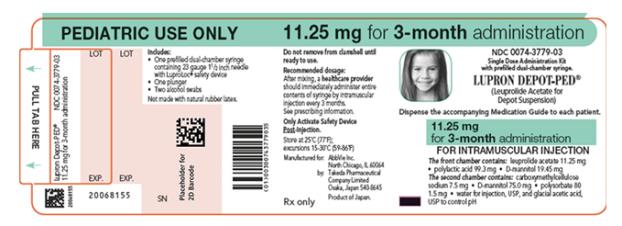 NDC 0074-3779-03 
PEDIATRIC USE ONLY 11.25 mg for 3-month administration 
Single Dose Administration Kit with prefilled dual-chamber syringe. 
LUPRON DEPOT-PED® (Leuprolide Acetate for Depot Suspension) 
Dispense the accompanying Medication Guide to each patient. 
11.25 mg for 3-month administration 
FOR INTRAMUSCULAR INJECTION 
The front chamber contains: leuprolide acetate 11.25 mg۰polylactic acid 99.3 mg۰D-mannitol 19.45 mg 
The second chamber contains: carboxymethylcellulose sodium 7.5 mg۰D-mannitol 75.0 mg۰polysorbate 80 1.5 mg۰water for injection, USP, and glacial acetic acid, USP to control pH 
Rx only 
