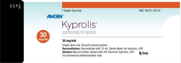 PRINCIPAL DISPLAY PANEL 1 Single-Dose Vial NDC 76075-102-01 AMGEN® Kyprolis® (carfilzomib) for Injection 30 mg/vial 30 mg/vial Single-dose vial. Discard unused portion. Reconstitution: Reconstitute with 15 mL Sterile Water for Injection, USP. Dilution: May be further diluted with 5% Dextrose Injection, USP. For Intravenous Administration Only Rx Only