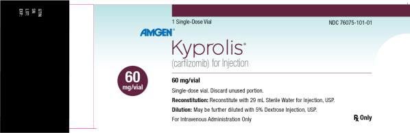 PRINCIPAL DISPLAY PANEL 1 Single-Dose Vial NDC 76075-101-01 AMGEN® Kyprolis® (carfilzomib) for Injection 60 mg/vial 60 mg/vial Single-dose vial. Discard unused portion. Reconstitution: Reconstitute with 29 mL Sterile Water for Injection, USP. Dilution: May be further diluted with 5% Dextrose Injection, USP. For Intravenous Administration Only Rx Only