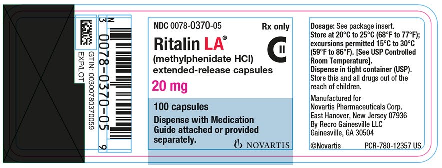PRINCIPAL DISPLAY PANEL
									NDC 0078-0370-05
									Rx only
									Ritalin LA®
									(methylphenidate HCl)
									extended-release capsules
									20 mg
									100 tablets
									Dispense with Medication Guide attached or provided separately.
									NOVARTIS