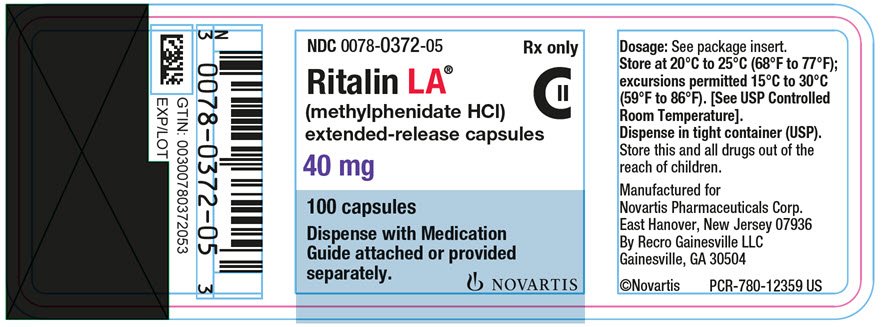PRINCIPAL DISPLAY PANEL
									NDC 0078-0372-05
									Rx only
									Ritalin LA®
									(methylphenidate HCl)
									extended-release capsules
									40 mg
									100 tablets
									Dispense with Medication Guide attached or provided separately.
									NOVARTIS