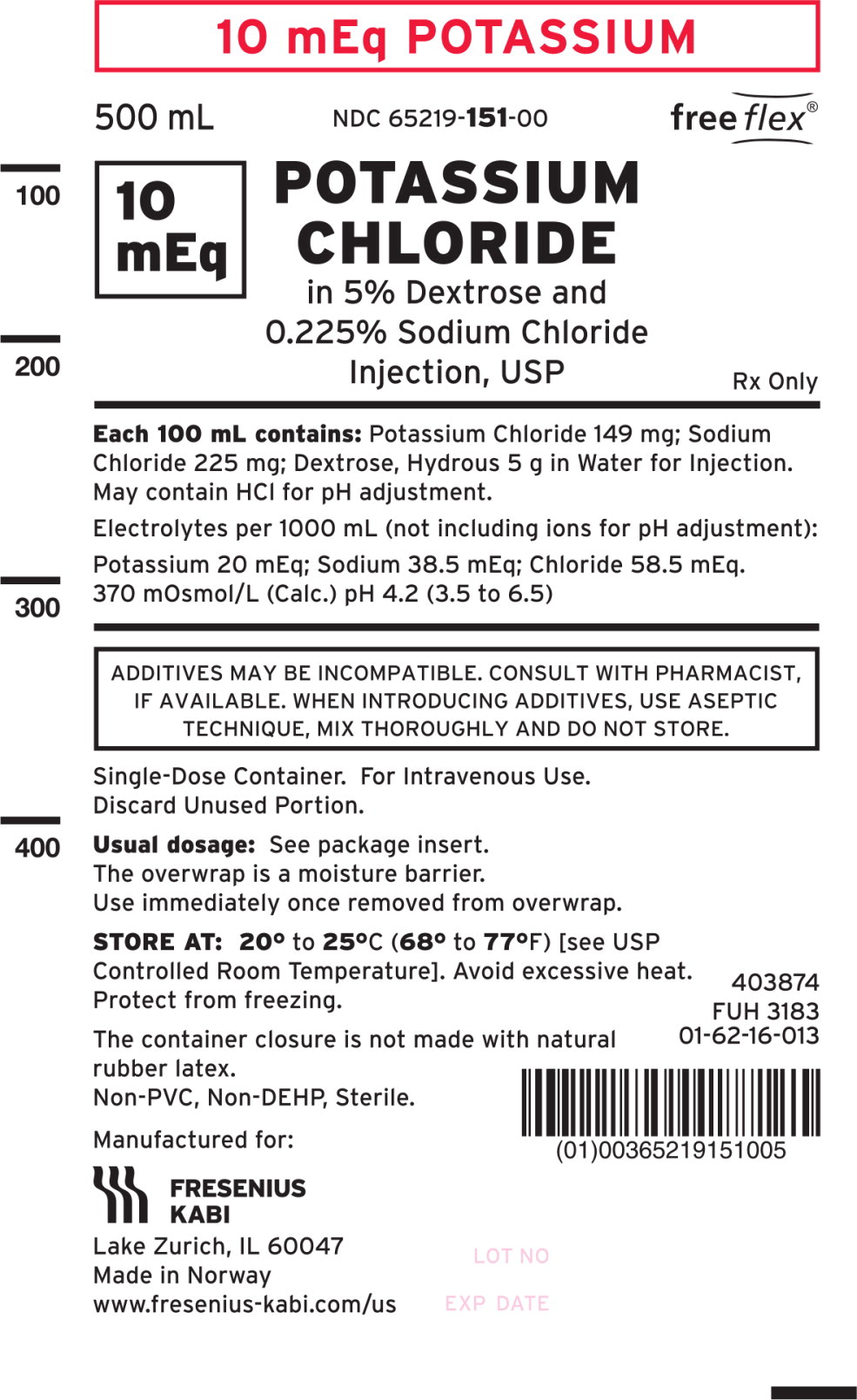 PACKAGE LABEL - PRINCIPAL DISPLAY – Potassium Chloride in 5% Dextrose and 0.225% Sodium Chloride Injection, USP Bag Label
