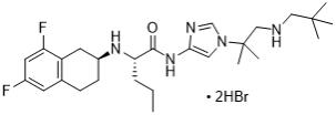 The structural formula for nirogacestat hydrobromide is: OGSIVEO oral tablets contain nirogacestat (as nirogacestat hydrobromide), a gamma (ɣ) secretase inhibitor. Nirogacestat hydrobromide is chemically known as (S)-2-(((S)-6,8-Difluoro-1,2,3,4-tetrahydronaphthalen-2-yl)amino)-N-(1-(2-methyl-1-(neopentylamino)propan-2-yl)-1H-imidazol-4-yl) pentanamide dihydrobromide. The empirical formula is C27H43Br2F2N5O and the molecular weight is 651.48 g/mol. Nirogacestat hydrobromide is a white to off white powder with an aqueous solubility of 11.4 mg/mL and a pH of 4.4 in water at 25C. Nirogacestat dihydrobromide is highly soluble at low pH, however the solubility significantly decreases at pH > 6.0. The molecule has pKa’s of 5.77 and 7.13. 