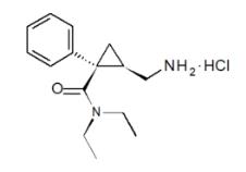 The chemical structure of FETZIMA is levomilnacipran, which is a selective serotonin and norepinephrine reuptake inhibitor (SNRI). The chemical name of levomilnacipran is (1S,2R)-2-(aminomethyl)-N,N-diethyl-1-phenylcyclopropanecarboxamide hydrochloride; its empirical formula is C15H23ClN2O and its molecular weight is 282.8 g/mol. Levomilnacipran (Initial US approval: 2013) is the 1S,2R-enantiomer of milnacipran. 