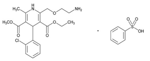 The structural formula for amlodipine besylate is chemically described as 3-ethyl-5-methyl (±)-2-[(2-aminoethoxy)methyl]-4-(2-chlorophenyl)-1,4-dihydro-6-methyl-3,5-pyridinedicarboxylate, monobenzenesulphonate. Its empirical formula is C20H25ClN2O5•C6H6O3S. 