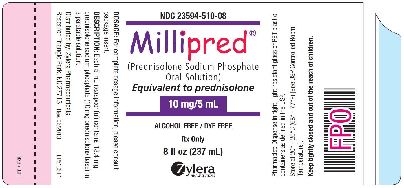 NDC 23594-510-08 Millipred™ (Prednisolone Sodium Phosphate Oral Solution) Equivalent to prednisolone 10 mg/5 mL ALCOHOL FREE / DYE FREE Rx Only 8 fl oz (237 mL)