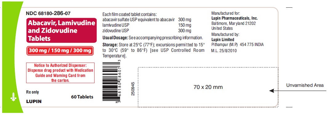 NDC 68180-286-07

ABACAVIR SULFATE, LAMIVUDINE AND ZIDOVUDINE TABLETS 
300 mg 150 mg 300 mg
TABLETS
Rx only
Bottle Label: 60 Tablets