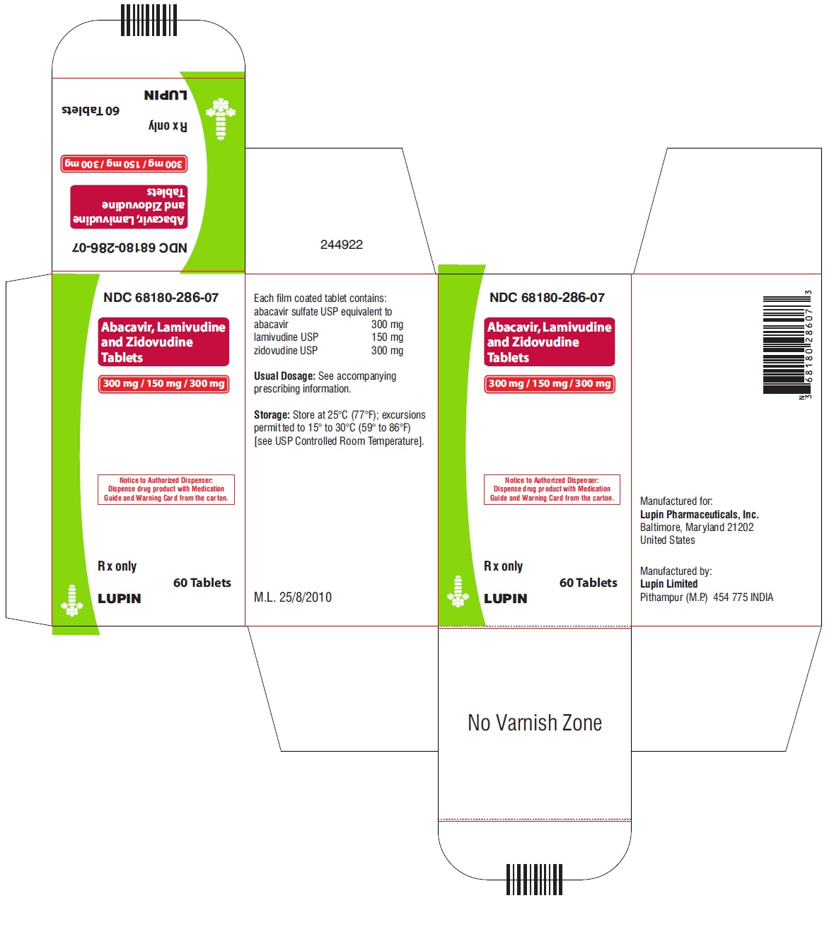 NDC 68180-286-07

ABACAVIR SULFATE, LAMIVUDINE AND ZIDOVUDINE TABLETS 
300 mg 150 mg 300 mg
TABLETS
Rx only
Carton Label: 60 Tablets