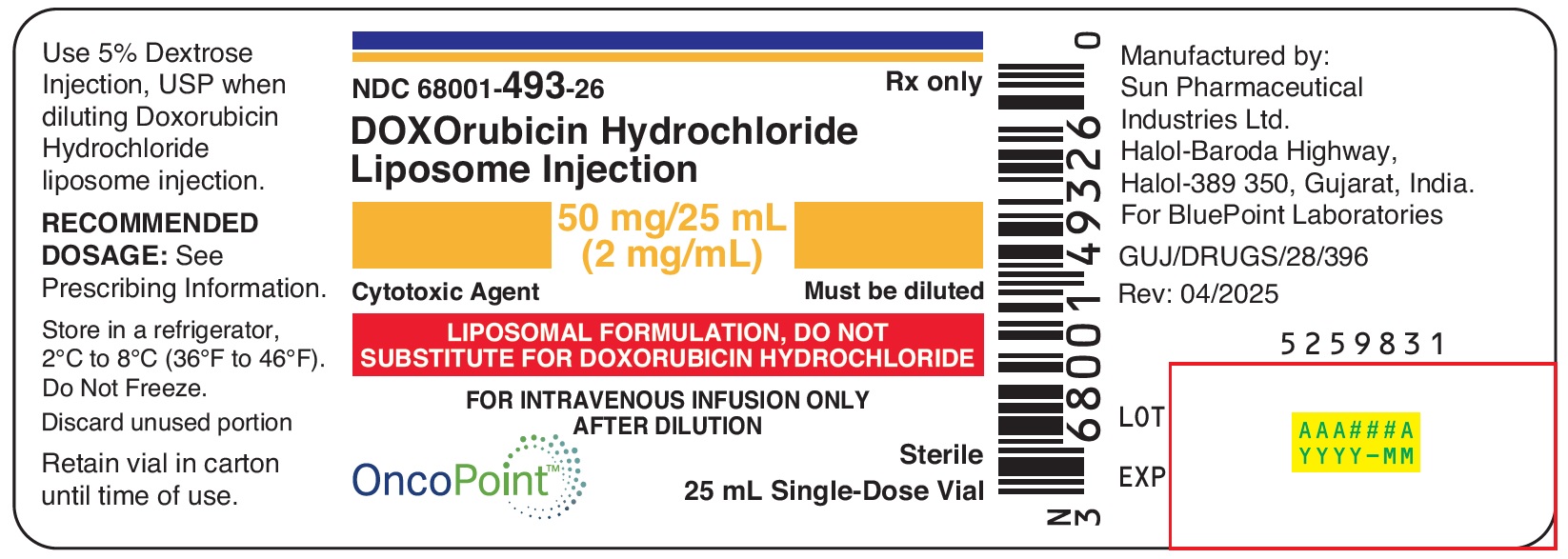 DOXOrubicin HCl Injection 50mg Label 0425