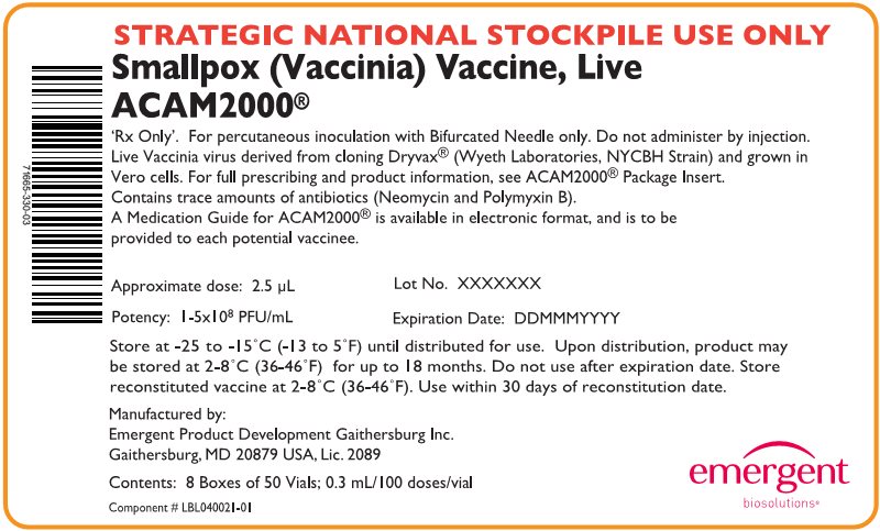 Smallpox (Vaccinia) Vaccine, Live ACAM2000 - 8 Boxes of 50 Vials Case Label