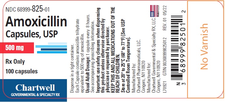 AMOXICILLIN CAPSULES, USP 500 mg - NDC 68999-825-01 - 100s Bottle Label.