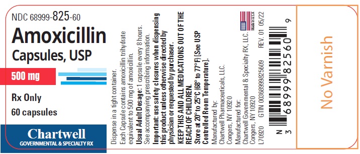 AMOXICILLIN CAPSULES, USP 500 mg - NDC 68999-825-60 - 60s Bottle Label.