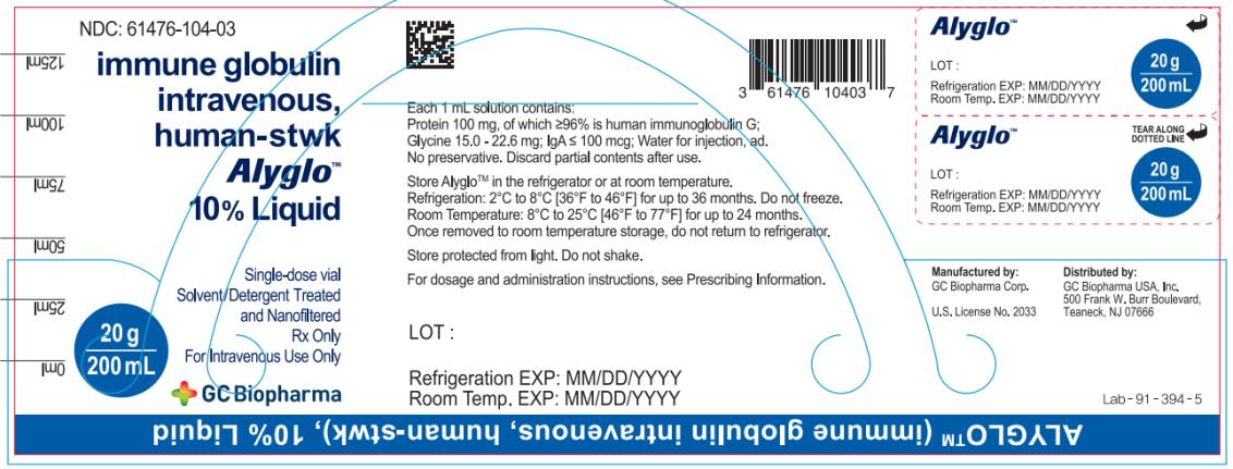 PRINCIPAL DISPLAY PANEL
NDC 61476-104-03
immune globulin
intravenous,
human-stwk
Alyglo
10% Liquid
