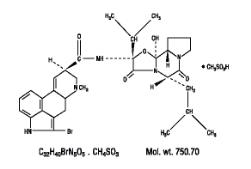 The structural formula for Parlodel® (bromocriptine mesylate) is an ergot derivative with potent dopamine receptor agonist activity. Each Parlodel® (bromocriptine mesylate) SnapTabs® tablet for oral administration contains 2½ mg and each capsule contains 5 mg bromocriptine (as the mesylate). Bromocriptine mesylate is chemically designated as Ergotaman 3′, 6′, 18 trione, 2-bromo-12′- hydroxy 2′  (1 methylethyl) 5′ (2 methylpropyl) , (5′α) monomethanesulfonate (salt).
