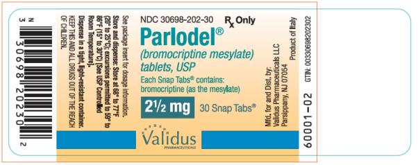 PRINCIPAL DISPLAY PANEL
NDC 30698-202-30
Parlodel®
(bromocriptine mesylate)
tablets, USP
2 ½ mg
30 Snap Tabs®
Rx Only
