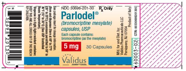 PRINCIPAL DISPLAY PANEL
NDC 30698-201-30
Parlodel®
(bromocriptine mesylate)
capsules, USP
5 mg
30 Capsules
Rx Only
