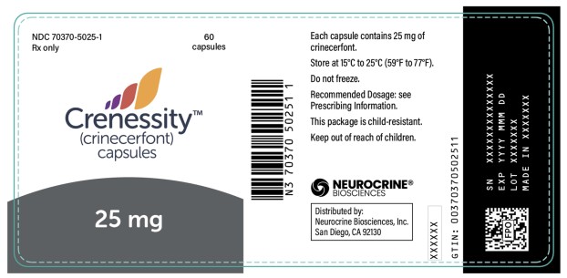 PRINCIPAL DISPLAY PANEL
NDC 70370-5025-1
Crenessity
(crinecerfont) capsules
25 mg
60 Capsules
Rx only
