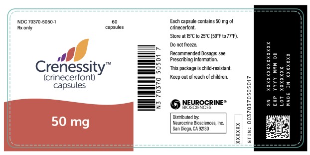 PRINCIPAL DISPLAY PANEL
NDC 70370-5050-1
Crenessity
(crinecerfont) capsules
50 mg
60 Capsules
Rx only
