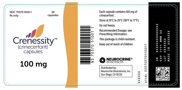 PRINCIPAL DISPLAY PANEL
NDC 70370-5100-1
Crenessity
(crinecerfont) capsules
100 mg
30 Capsules
Rx only
