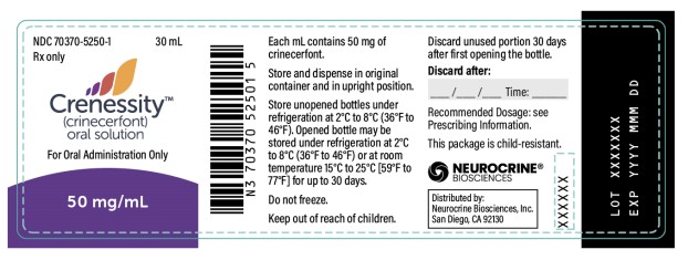 PRINCIPAL DISPLAY PANEL
NDC 70370-5250-1
Crenessity
(crinecerfont) oral solution
50 mg/mL
30 mL
Rx only
