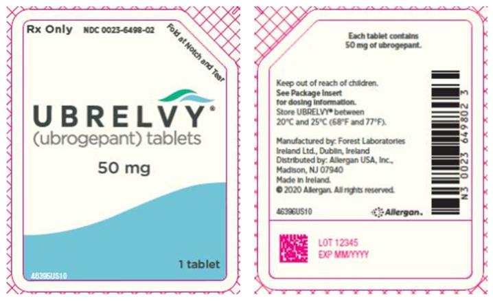 Rx Only   NDC 0023-6498-02
Fold at Notch and Tear
UBRELVY®
(ubrogepant) tablets
50 mg

1 tablet

